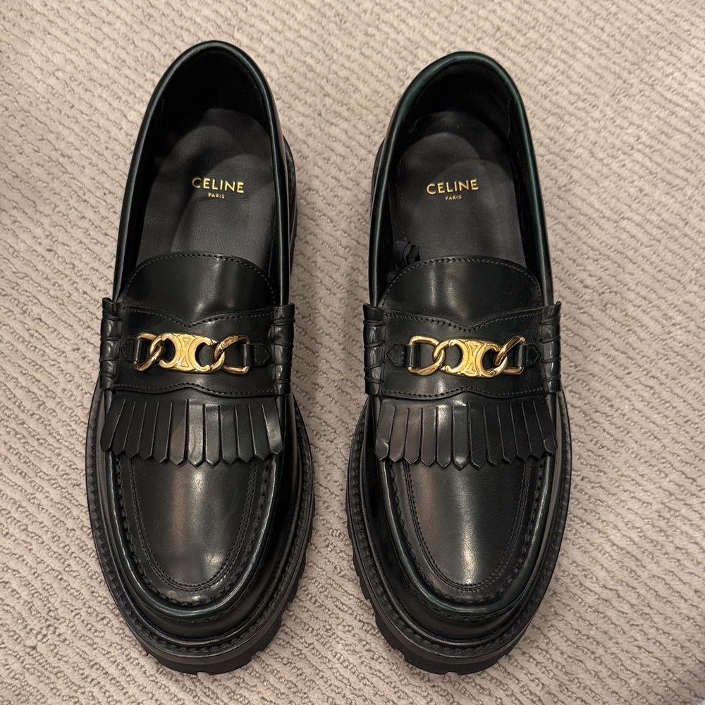 Celine hunter green Leather Loafers with Gold Accent